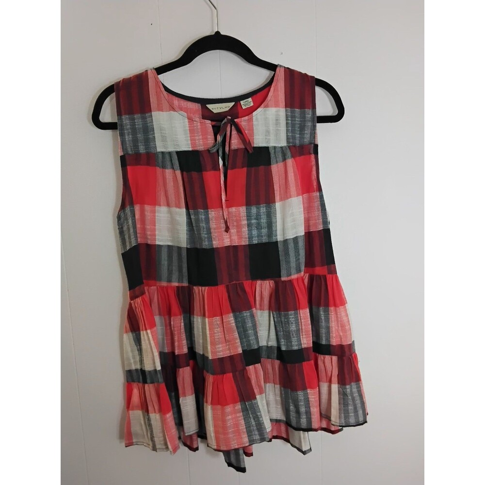 11.1.tylho Bufflo Plaid Sleeveless Peasant Top Size Large